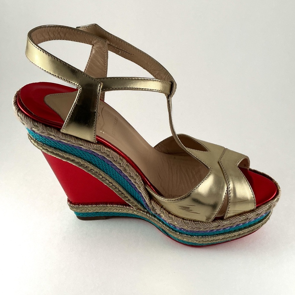 Christian Louboutin Trotolita Metallic Gold Wedge Sandals - Picture 7 of 11